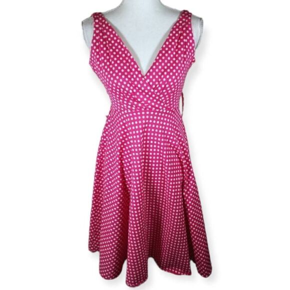 GRACE KARIN PINK & WHITE POLKA-DOT V-NECK SKATER DRESS SZ.XS EUC. - Picture 1 of 7